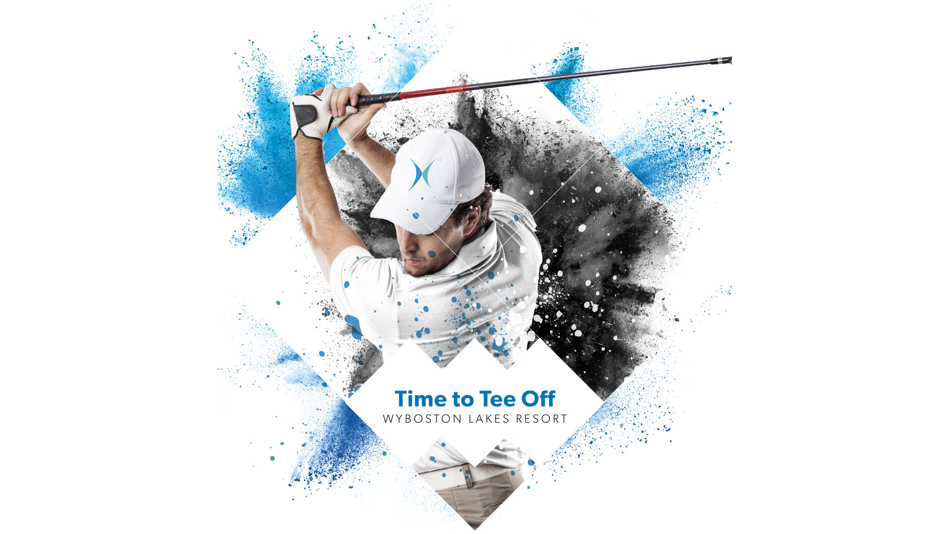 man swinging golf club with blue and black paint splashes