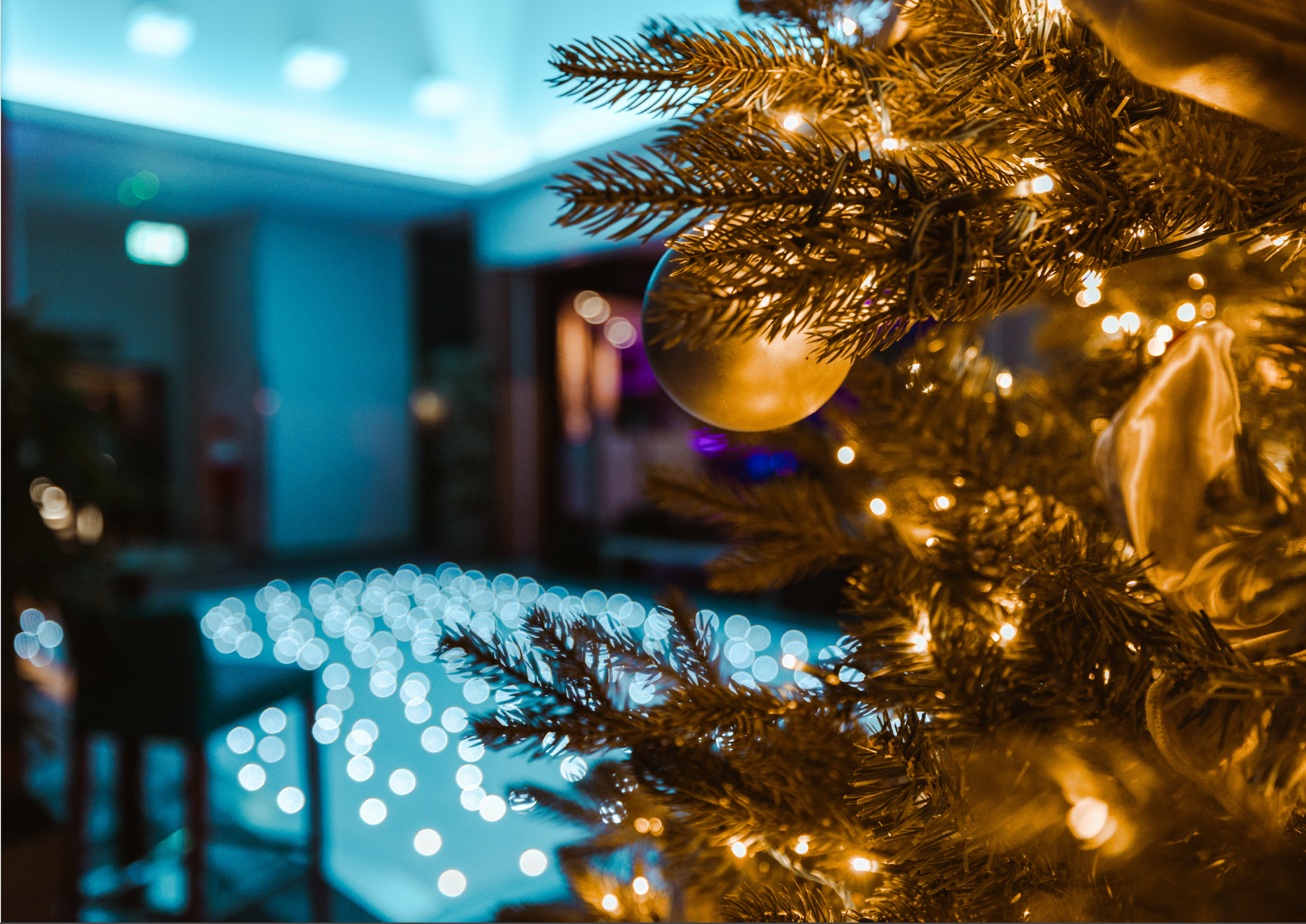 christmas tree with lights next to indoor pool with blue